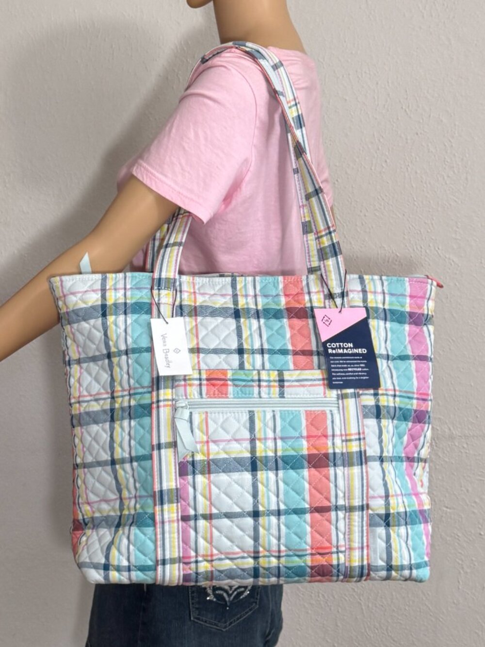 Vera Bradley Large Vera Tote in Pastel Plaid NWT